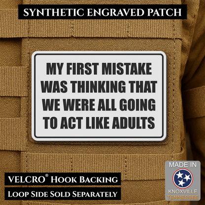 Front design and hook backing of Can We Act Like Adults patch in white
