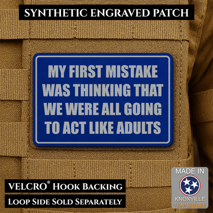 Front design and hook backing of Can We Act Like Adults patch in blue / silver