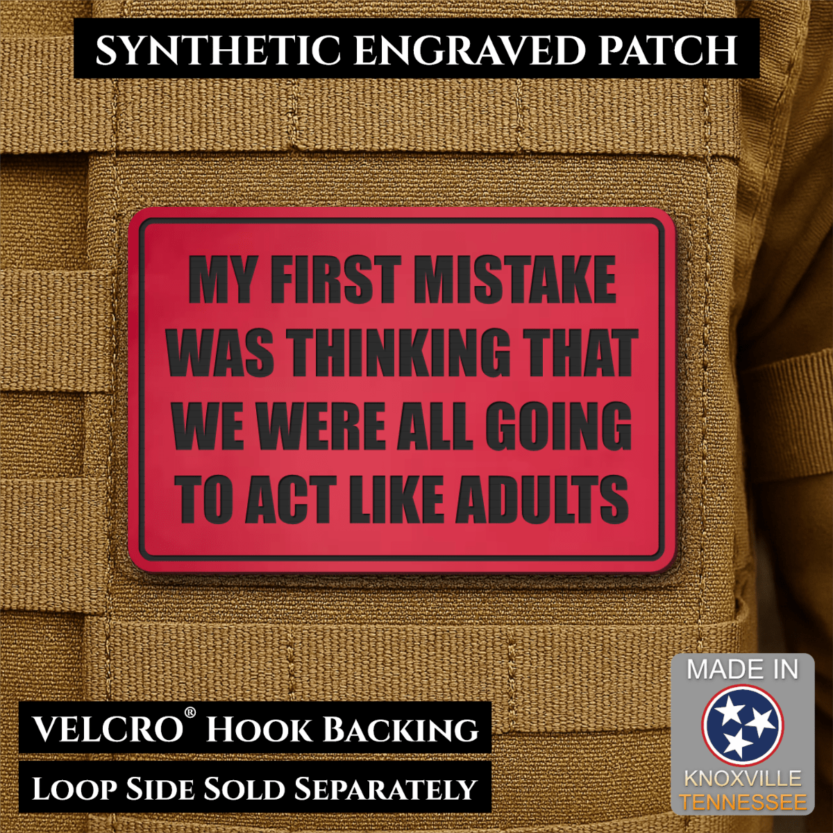 Front design and hook backing of Can We Act Like Adults patch in red