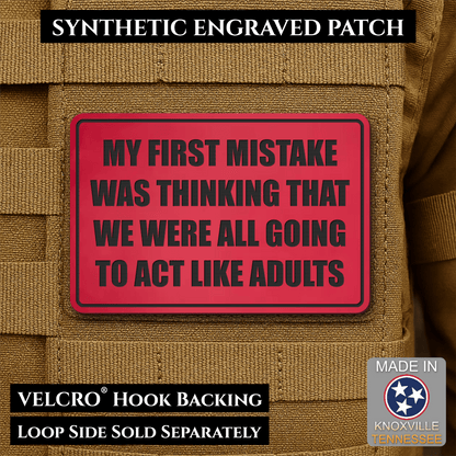 Front design and hook backing of Can We Act Like Adults patch in red