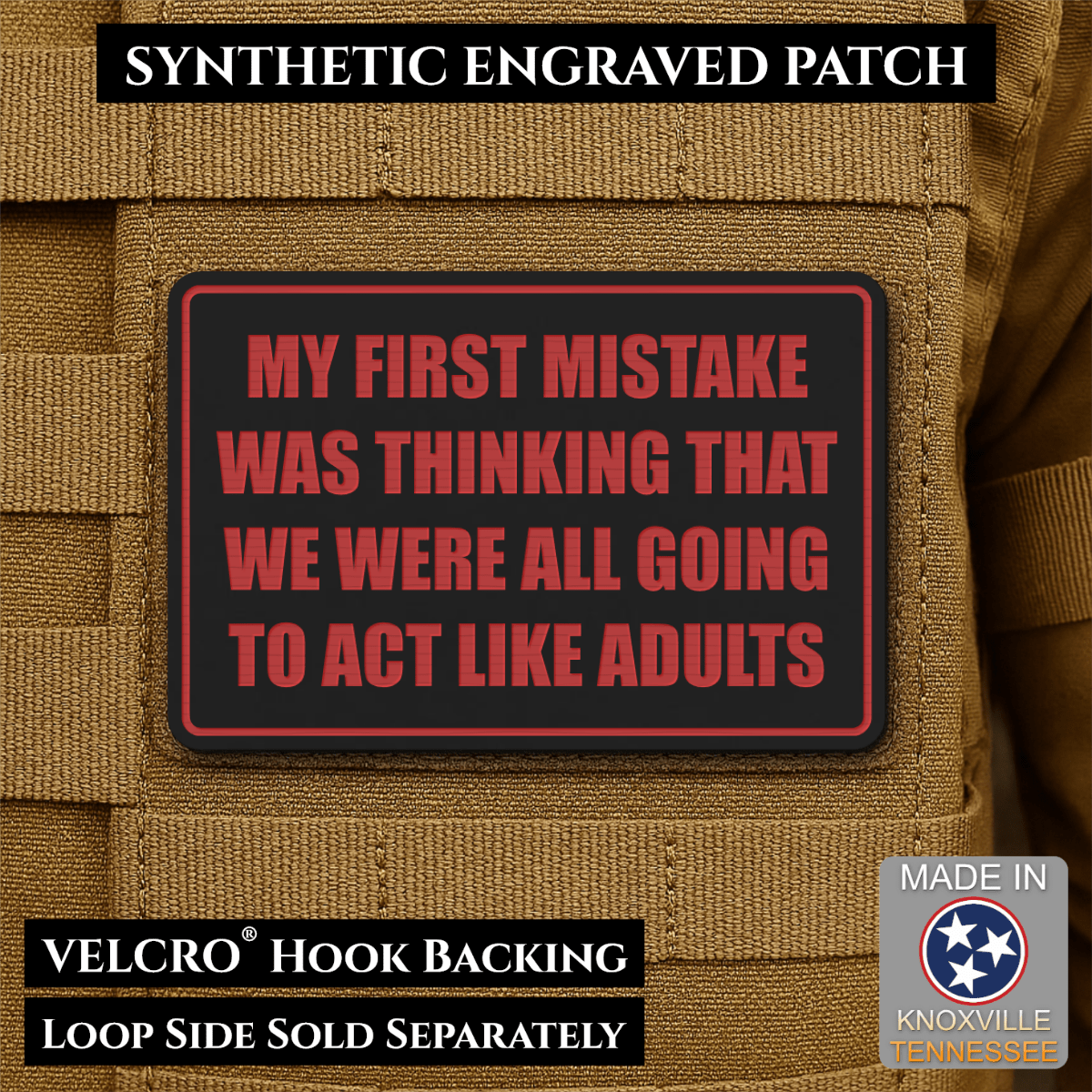 Front design and hook backing of Can We Act Like Adults patch in black / red