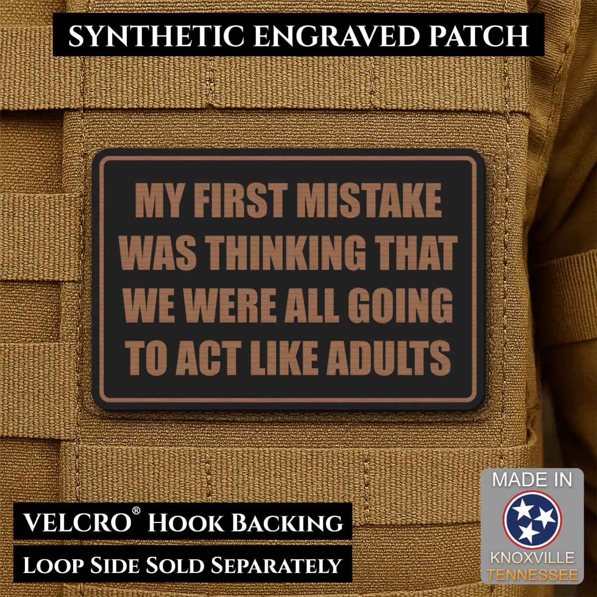 Front design and hook backing of Can We Act Like Adults patch in black / copper