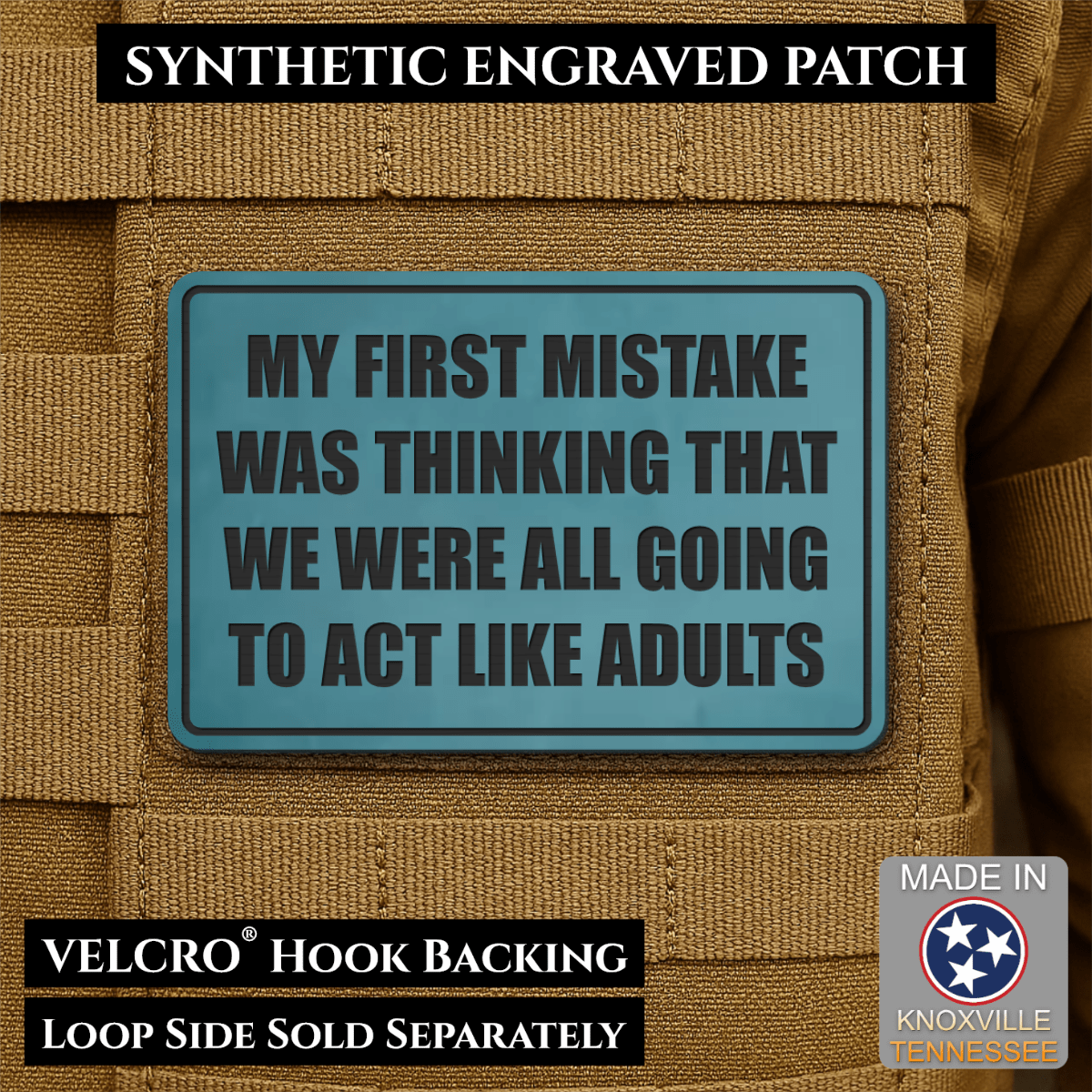 Front design and hook backing of Can We Act Like Adults patch in topaz blue