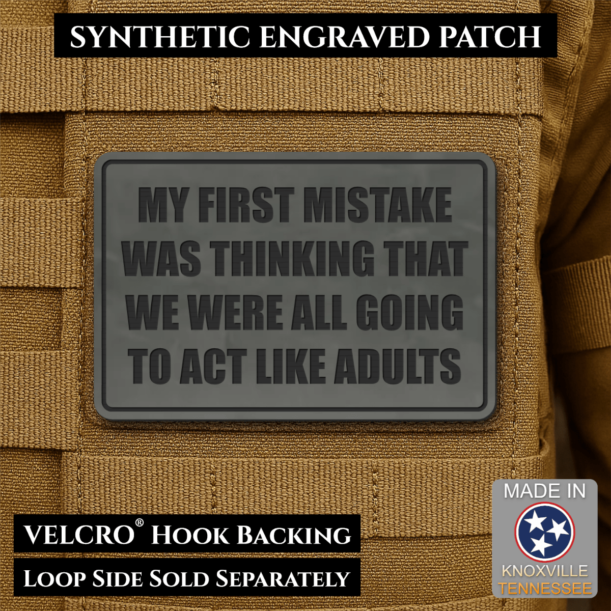 Front design and hook backing of Can We Act Like Adults patch in charcoal gray