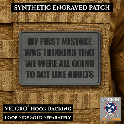 Front design and hook backing of Can We Act Like Adults patch in charcoal gray