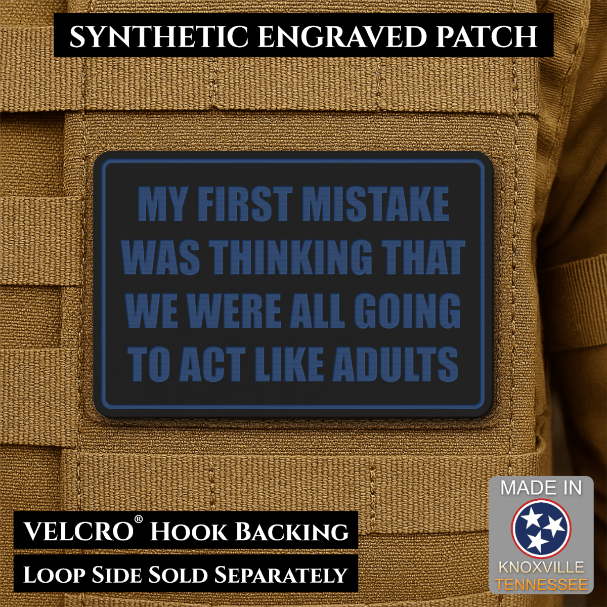 Front design and hook backing of Can We Act Like Adults patch in black / blue