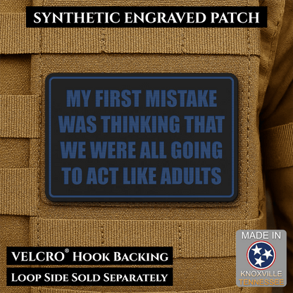 Front design and hook backing of Can We Act Like Adults patch in black / blue
