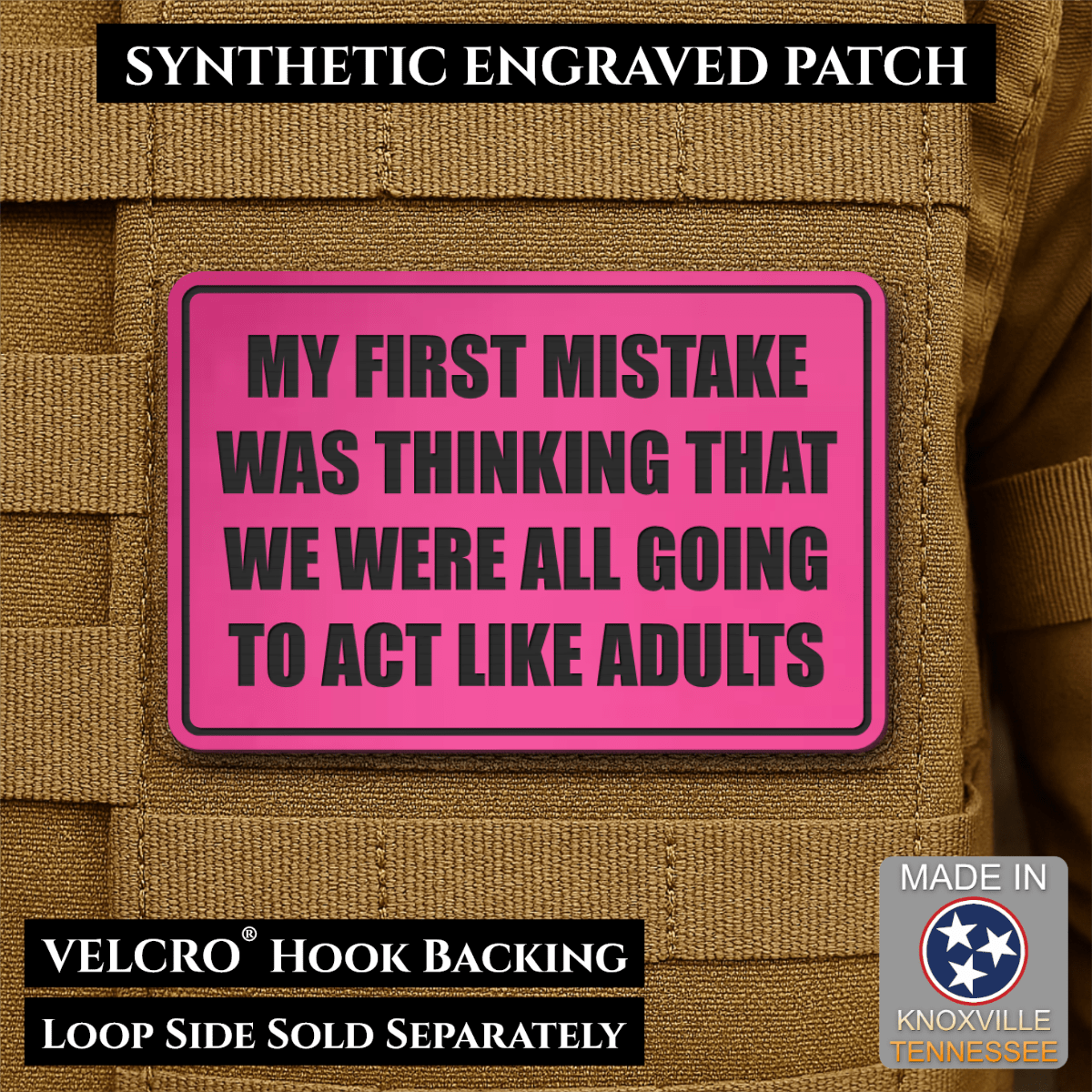 Front design and hook backing of Can We Act Like Adults patch in pink