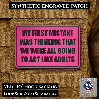 Front design and hook backing of Can We Act Like Adults patch in pink
