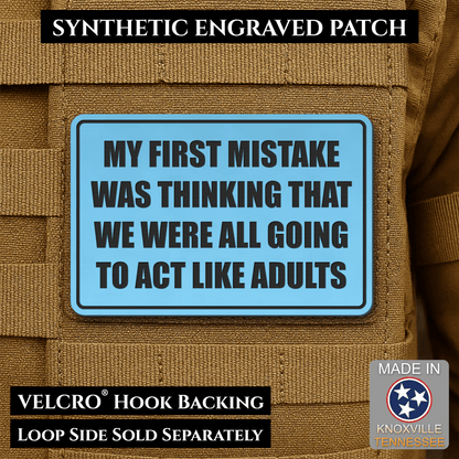 Front design and hook backing of Can We Act Like Adults patch in sky blue