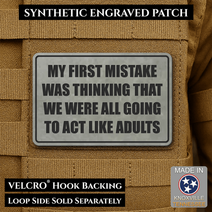 Front design and hook backing of Can We Act Like Adults patch in flint gray