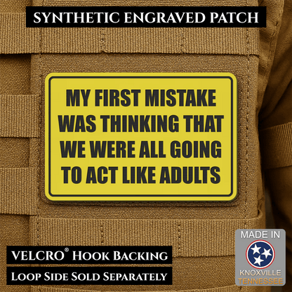 Front design and hook backing of Can We Act Like Adults patch in yellow