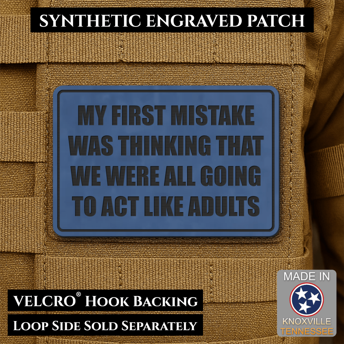 Front design and hook backing of Can We Act Like Adults patch in indigo blue