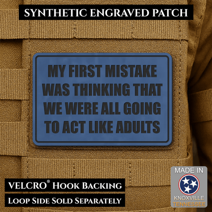 Front design and hook backing of Can We Act Like Adults patch in indigo blue