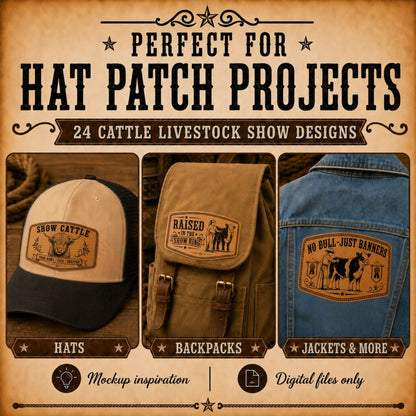 Cattle Livestock Show SVG Bundle | 40 Western Hat Patch Designs | Personalized Templates + Bonus Western Font | 4-H FFA Laser Files - LoneStar Adhesive