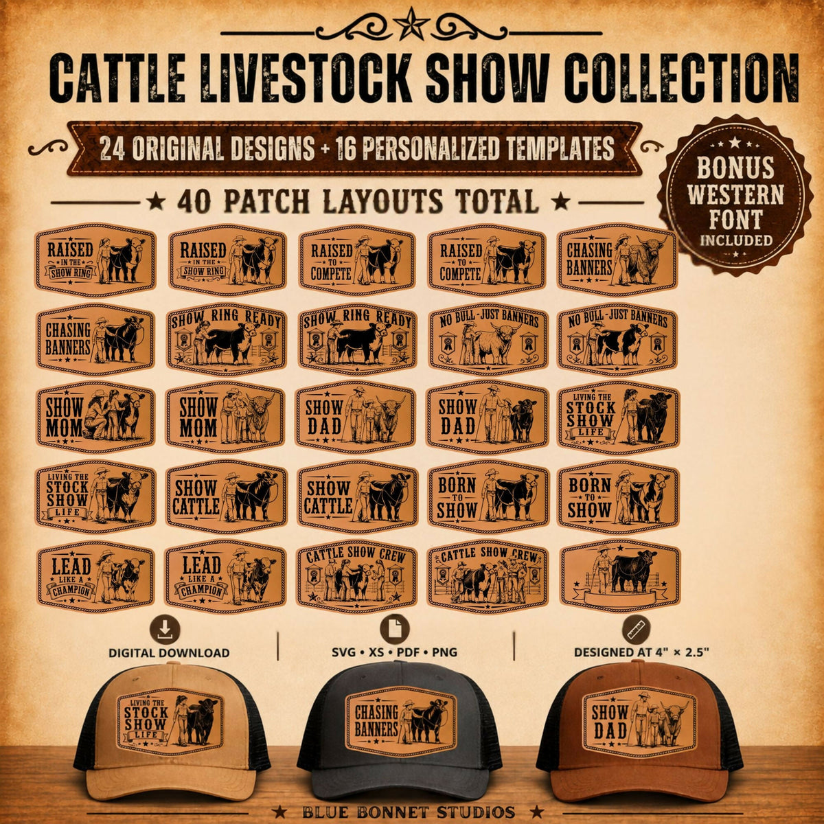 Cattle Livestock Show SVG Bundle | 40 Western Hat Patch Designs | Personalized Templates + Bonus Western Font | 4-H FFA Laser Files - LoneStar Adhesive