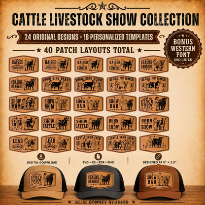 Cattle Livestock Show SVG Bundle | 40 Western Hat Patch Designs | Personalized Templates + Bonus Western Font | 4-H FFA Laser Files - LoneStar Adhesive