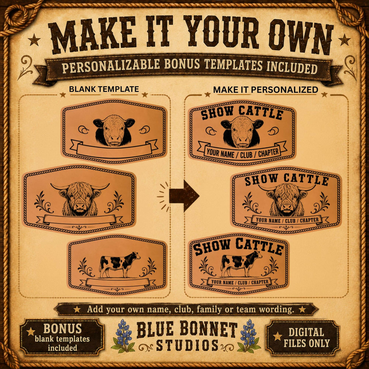 Cattle Livestock Show SVG Bundle | 40 Western Hat Patch Designs | Personalized Templates + Bonus Western Font | 4-H FFA Laser Files - LoneStar Adhesive