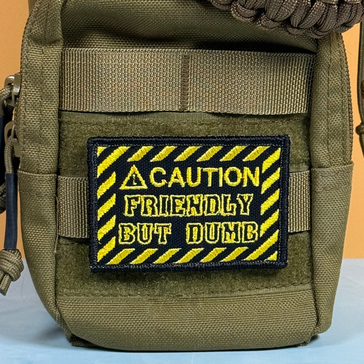 Caution Friendly But Dumb Funny Morale Patch, 2x3" | Made in USA | VELCRO® Brand Hook Backing - LoneStar Adhesive
