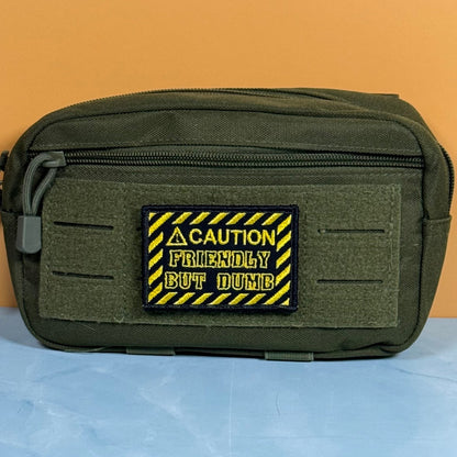 Caution Friendly But Dumb Funny Morale Patch, 2x3" | Made in USA | VELCRO® Brand Hook Backing - LoneStar Adhesive