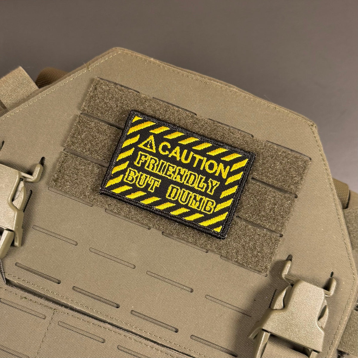 Caution Friendly But Dumb Funny Morale Patch, 2x3" | Made in USA | VELCRO® Brand Hook Backing - LoneStar Adhesive
