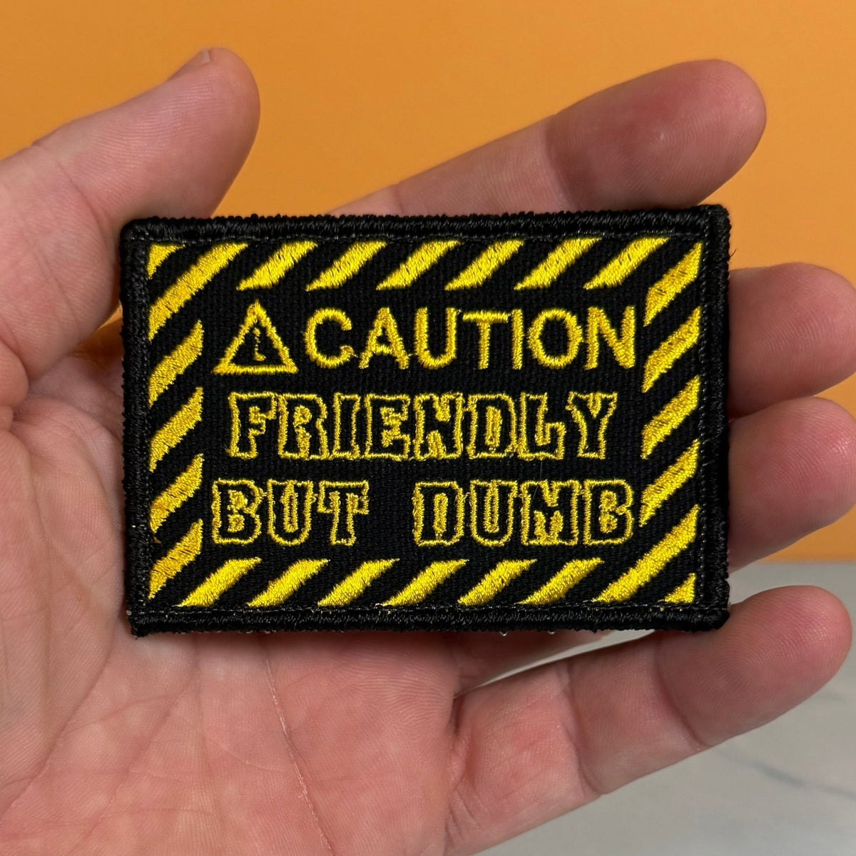Caution Friendly But Dumb Funny Morale Patch, 2x3" | Made in USA | VELCRO® Brand Hook Backing - LoneStar Adhesive