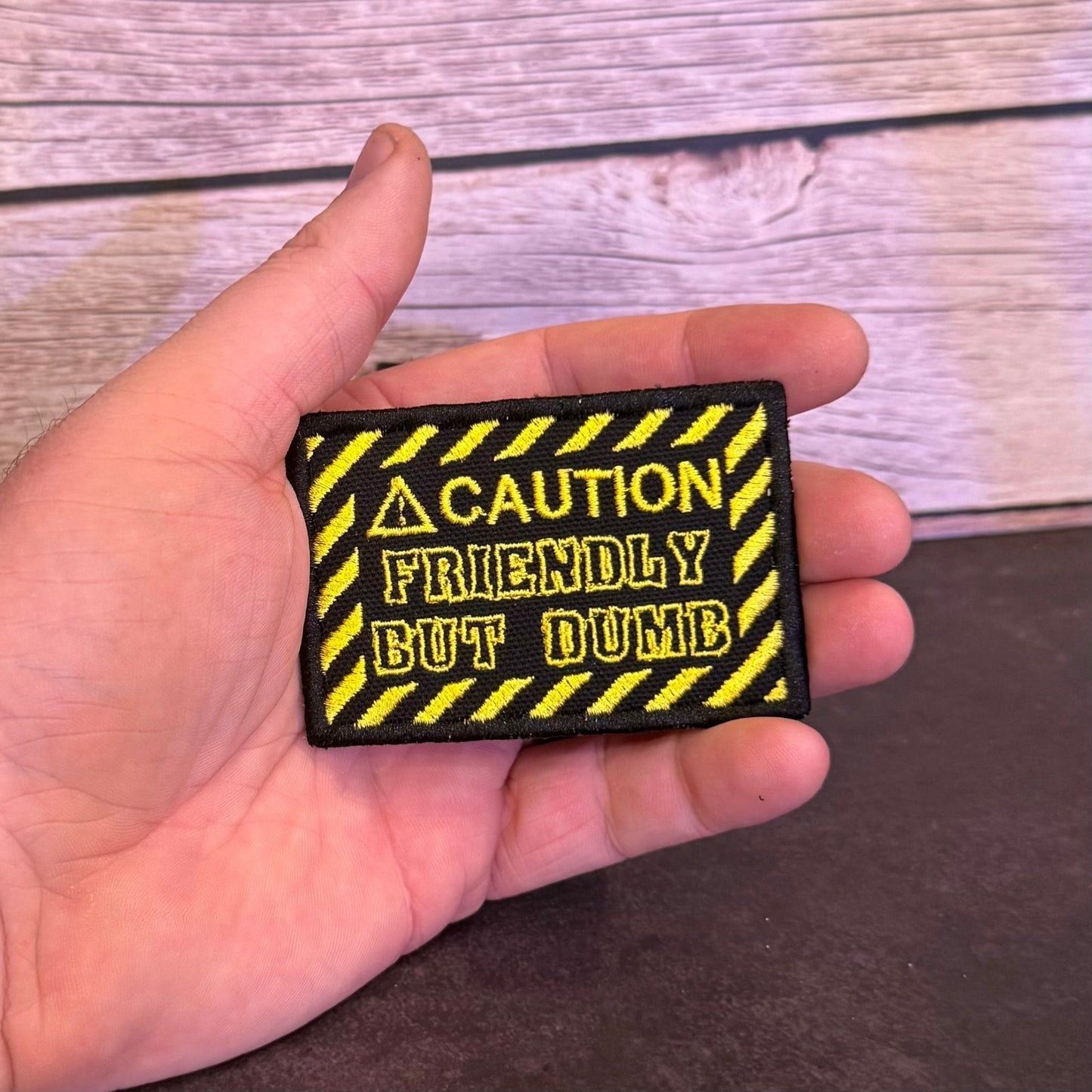 Caution Friendly But Dumb Funny Morale Patch | Made in USA | VELCRO® Brand Hook Backing - LoneStar Adhesive