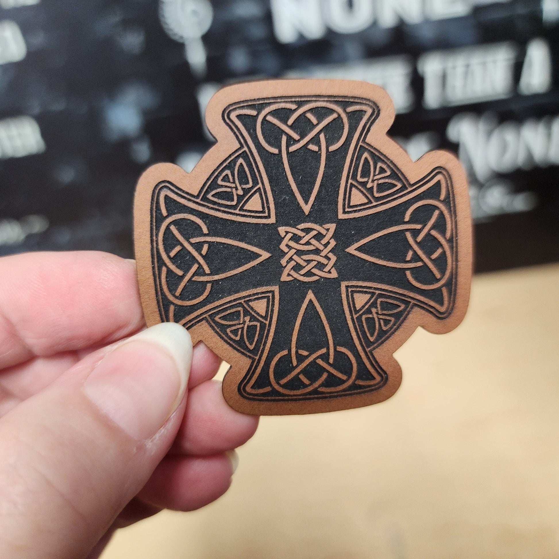 Celtic Cross Intricate (Rawhide) Engraved Leatherette Hat Patch - MR01 - LoneStar Adhesive