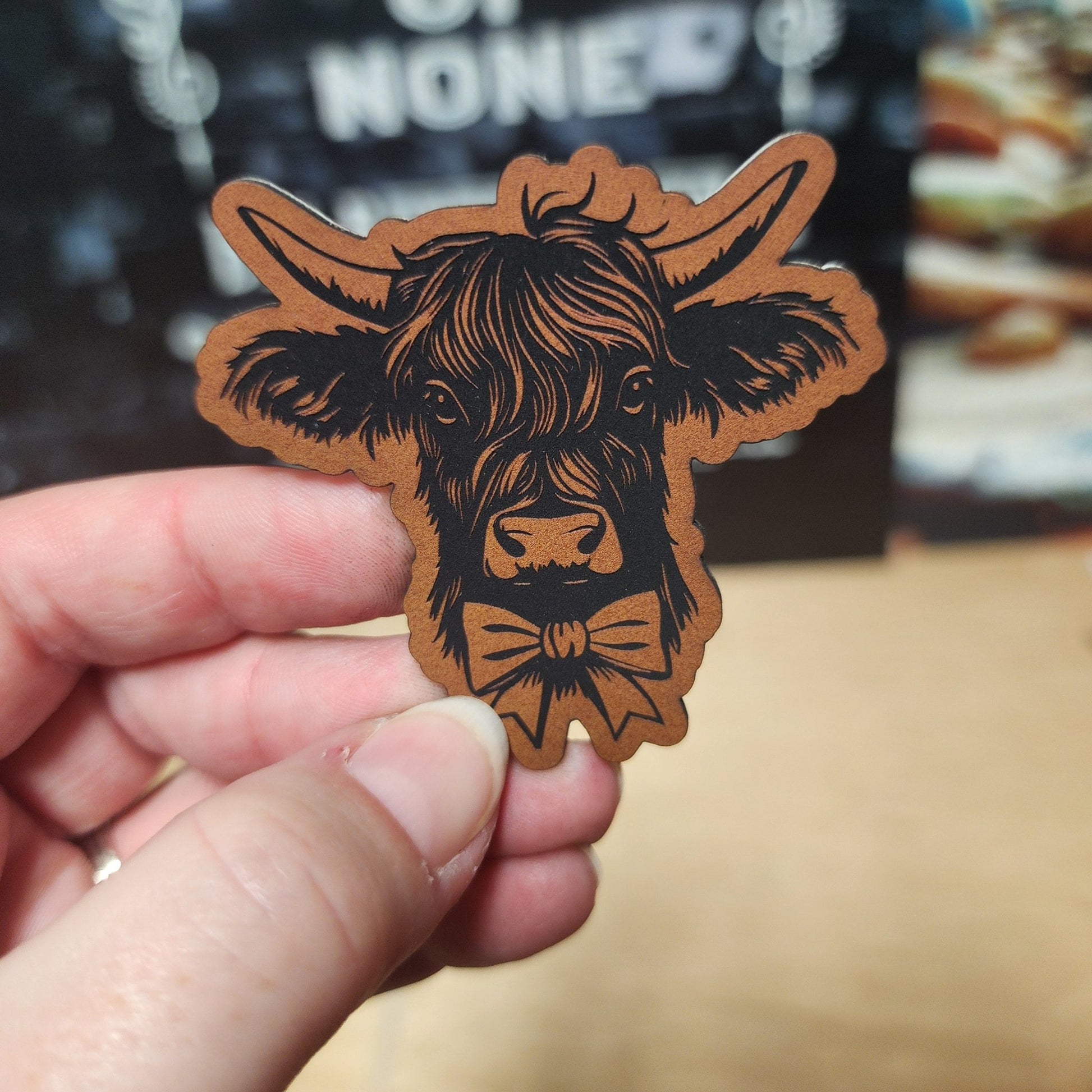 Charming Cow with Bowtie (Rawhide) Engraved Leatherette Hat Patch - MR01 - LoneStar Adhesive