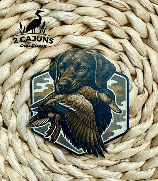 Chocolate Lab Hunting Dog with Duck UV Printed Hat Patch - LoneStar Adhesive