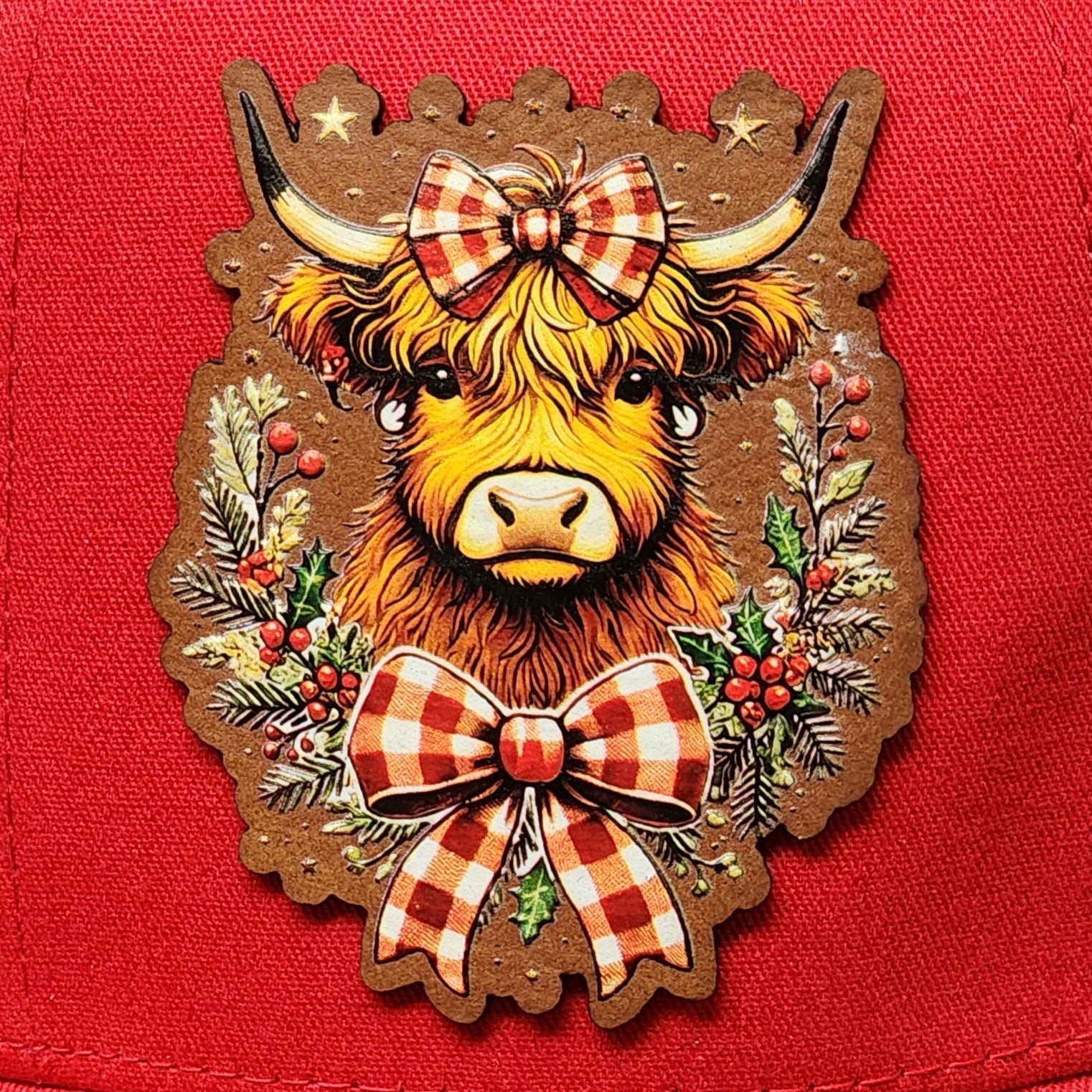 Christmas Highland Cow Charm UV Printed Leatherette Hat Patch - MR01 - LoneStar Adhesive