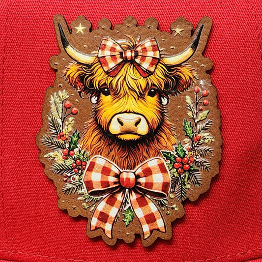 Christmas Highland Cow Charm UV Printed Leatherette Hat Patch - MR01 - LoneStar Adhesive