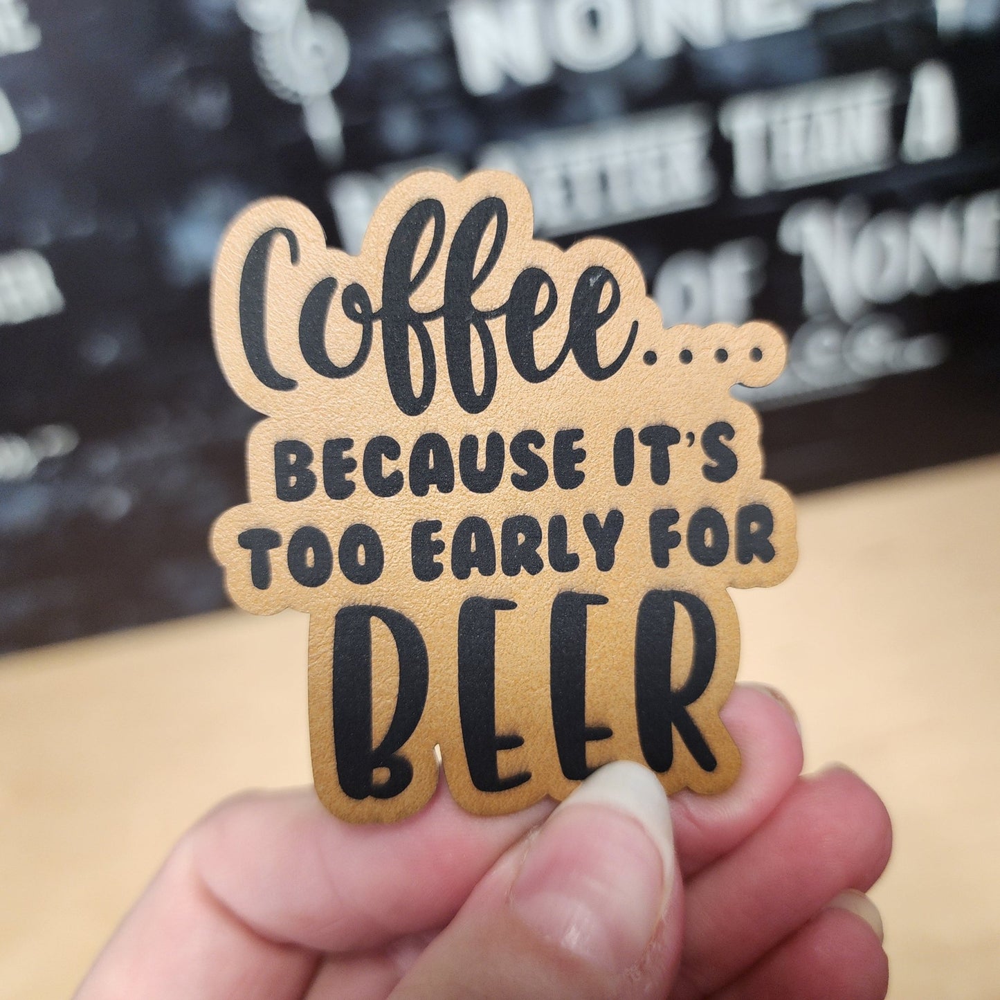 Coffee Over Beer (Saddle Tan) Engraved Leatherette Hat Patch - MR01 - LoneStar Adhesive