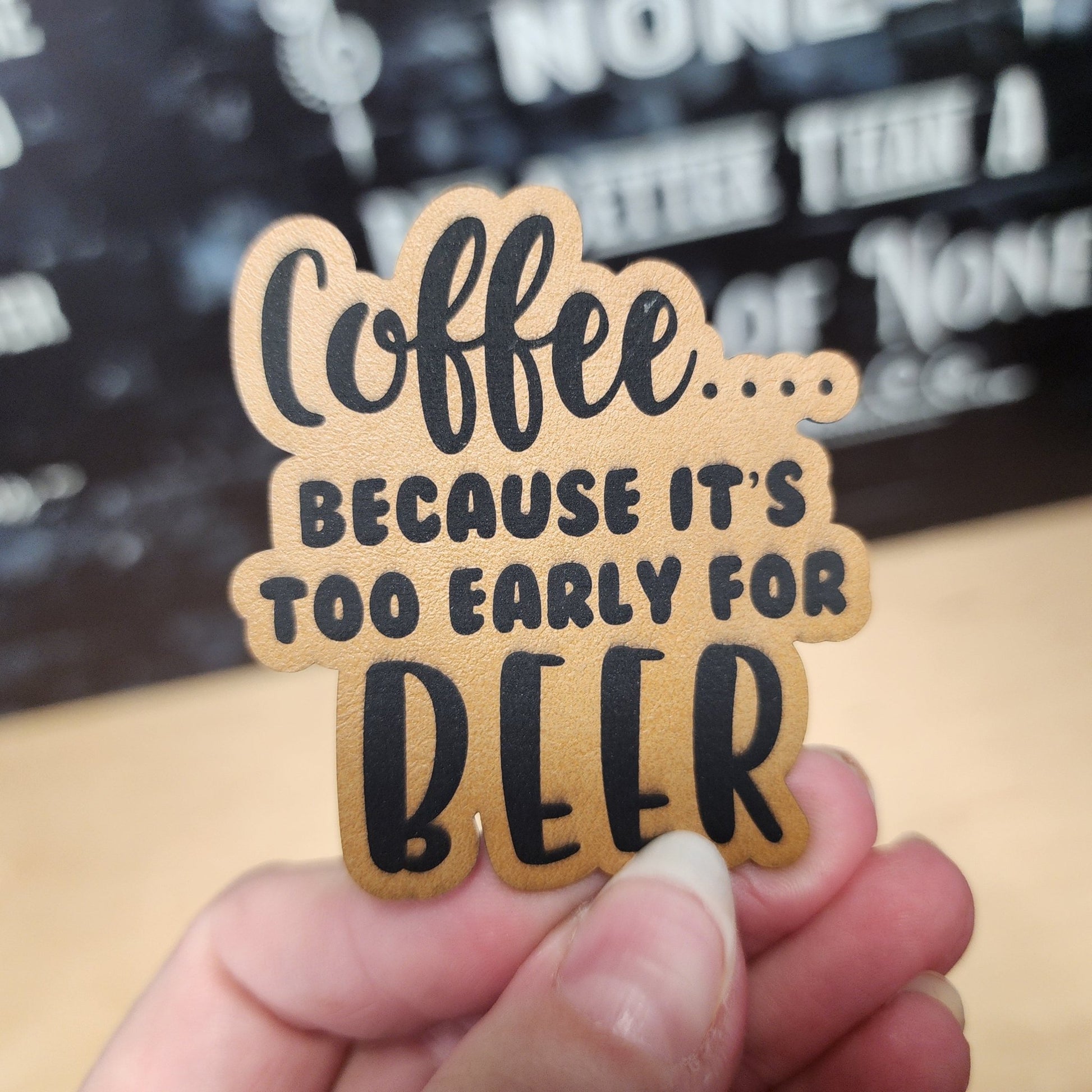 Coffee Over Beer (Saddle Tan) Engraved Leatherette Hat Patch - MR01 - LoneStar Adhesive