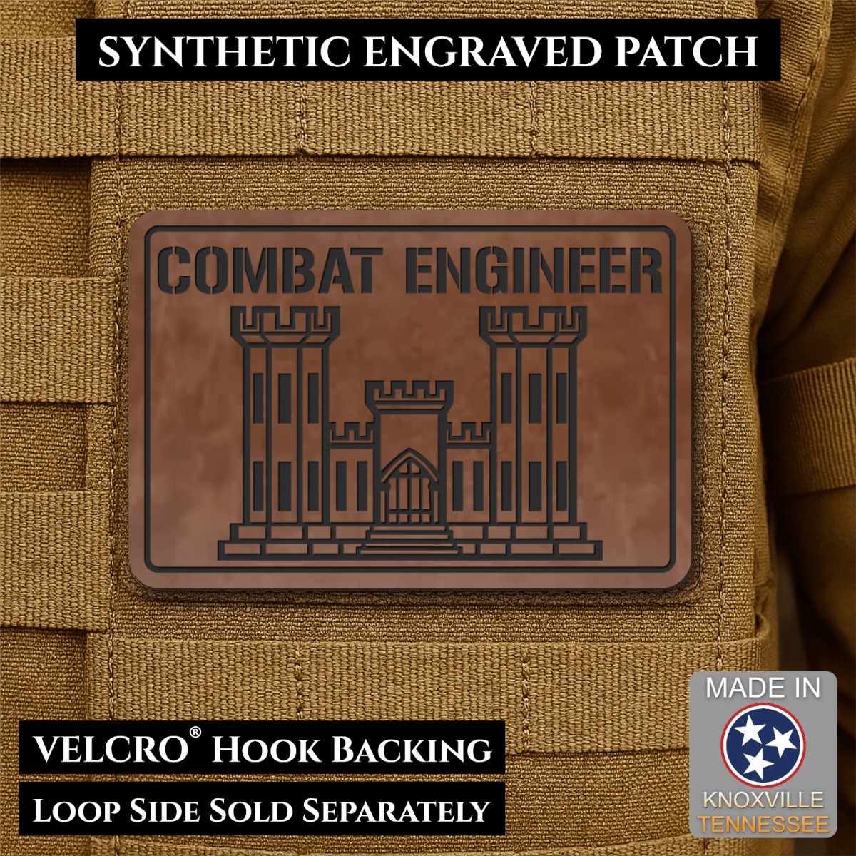 Combat Engineer Army Veteran Morale Patch, 2x3" | Made in USA | VELCRO® Brand Hook Backing - LoneStar Adhesive