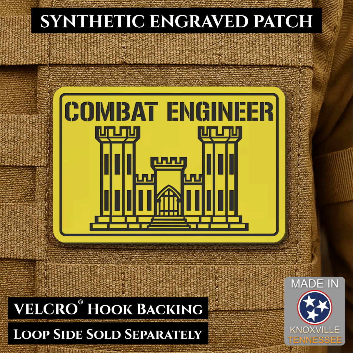 Combat Engineer Army Veteran Morale Patch, 2x3" | Made in USA | VELCRO® Brand Hook Backing - LoneStar Adhesive