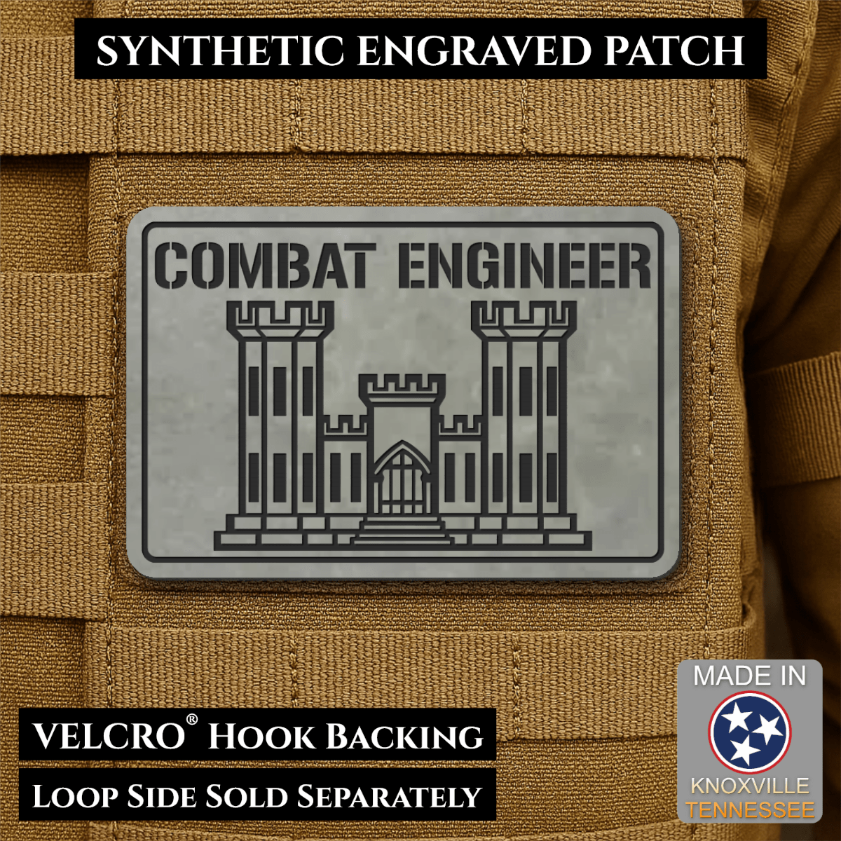 Combat Engineer Army Veteran Morale Patch, 2x3" | Made in USA | VELCRO® Brand Hook Backing - LoneStar Adhesive