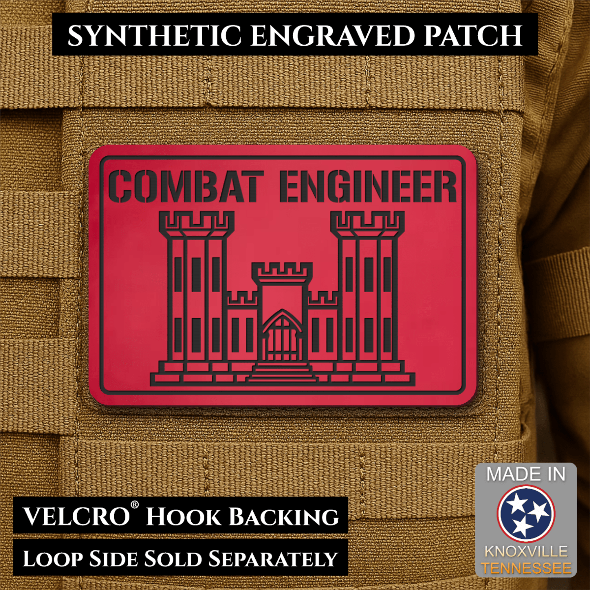 Combat Engineer Army Veteran Morale Patch, 2x3" | Made in USA | VELCRO® Brand Hook Backing - LoneStar Adhesive