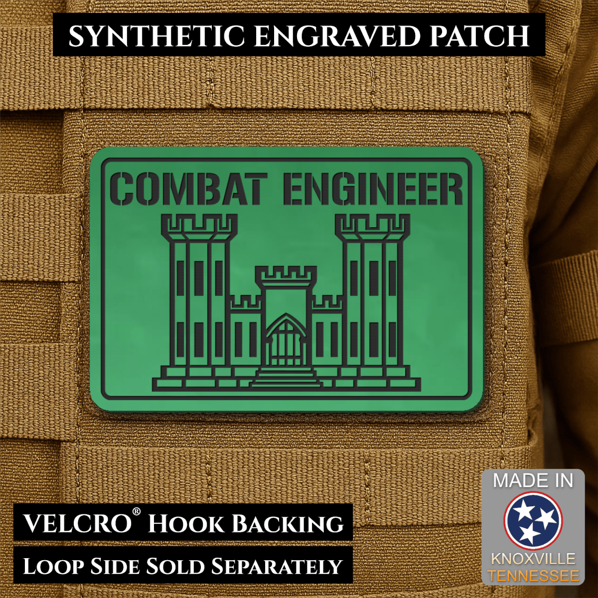 Combat Engineer Army Veteran Morale Patch, 2x3" | Made in USA | VELCRO® Brand Hook Backing - LoneStar Adhesive