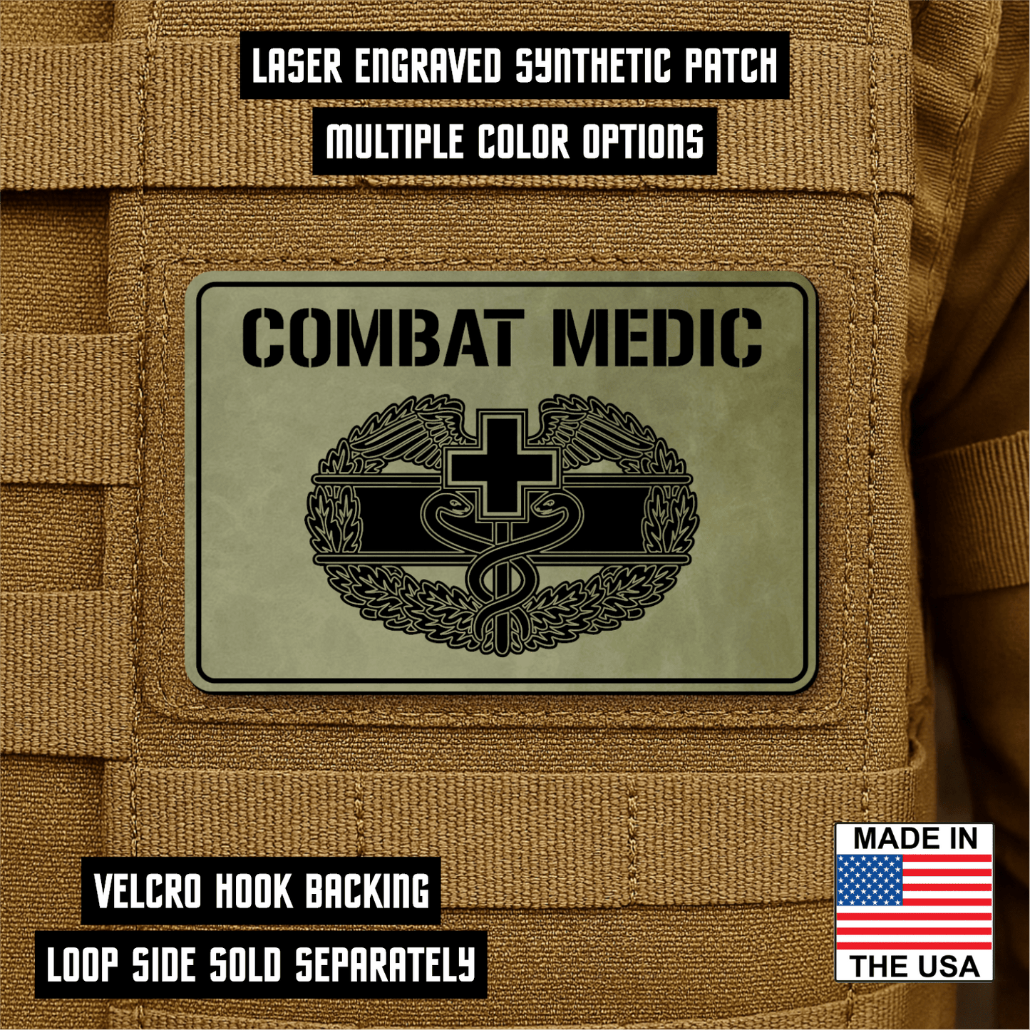 Combat Medic Morale Patch – 2” x 3” Laser Engraved Hook & Loop Tactical Patch | Made in USA - LoneStar Adhesive