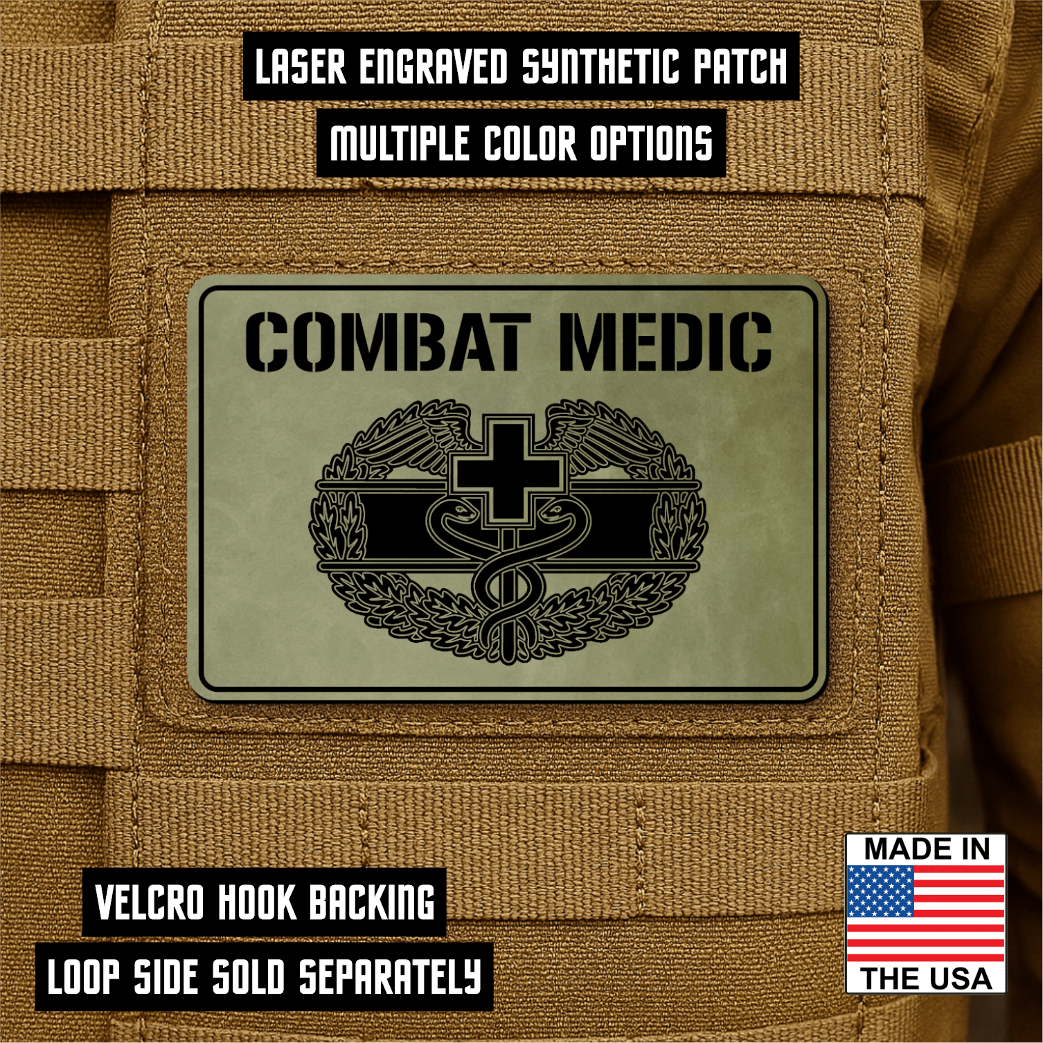 Combat Medic Morale Patch – 2” x 3” Laser Engraved Hook & Loop Tactical Patch | Made in USA - LoneStar Adhesive