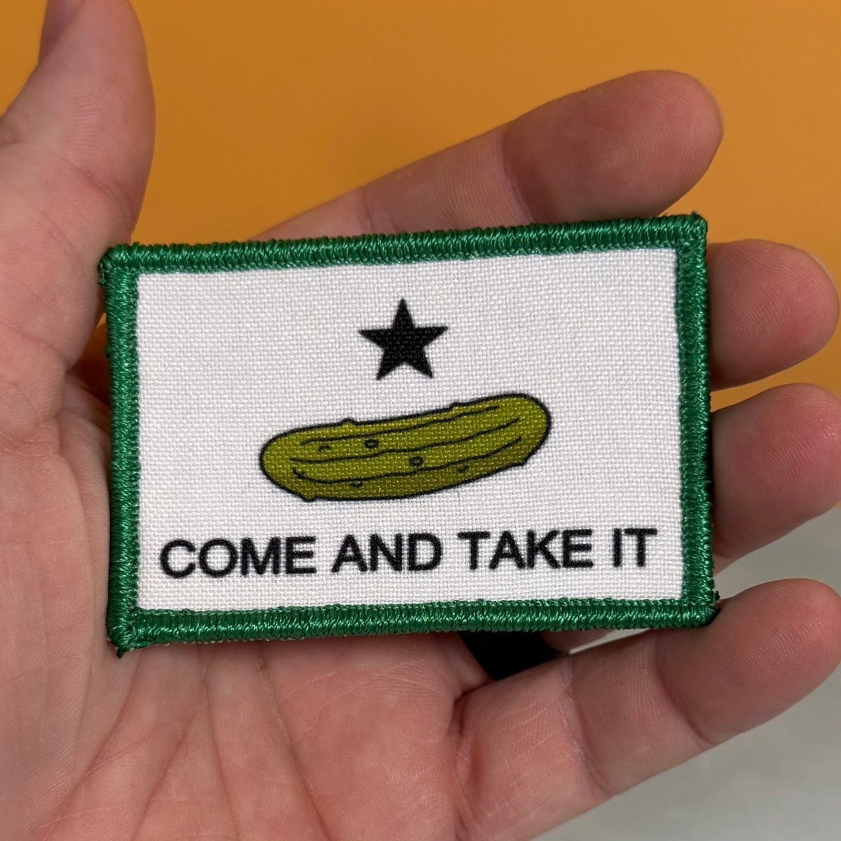 Come and Take It Pickle Funny Texas Style Morale Patch, 2x3" | Made in USA | VELCRO® Brand Hook Backing - LoneStar Adhesive