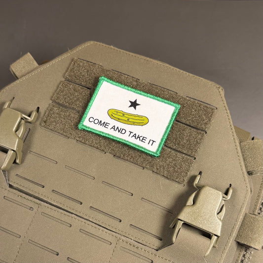 Come and Take It Pickle Funny Texas Style Morale Patch, 2x3" | Made in USA | VELCRO® Brand Hook Backing - LoneStar Adhesive