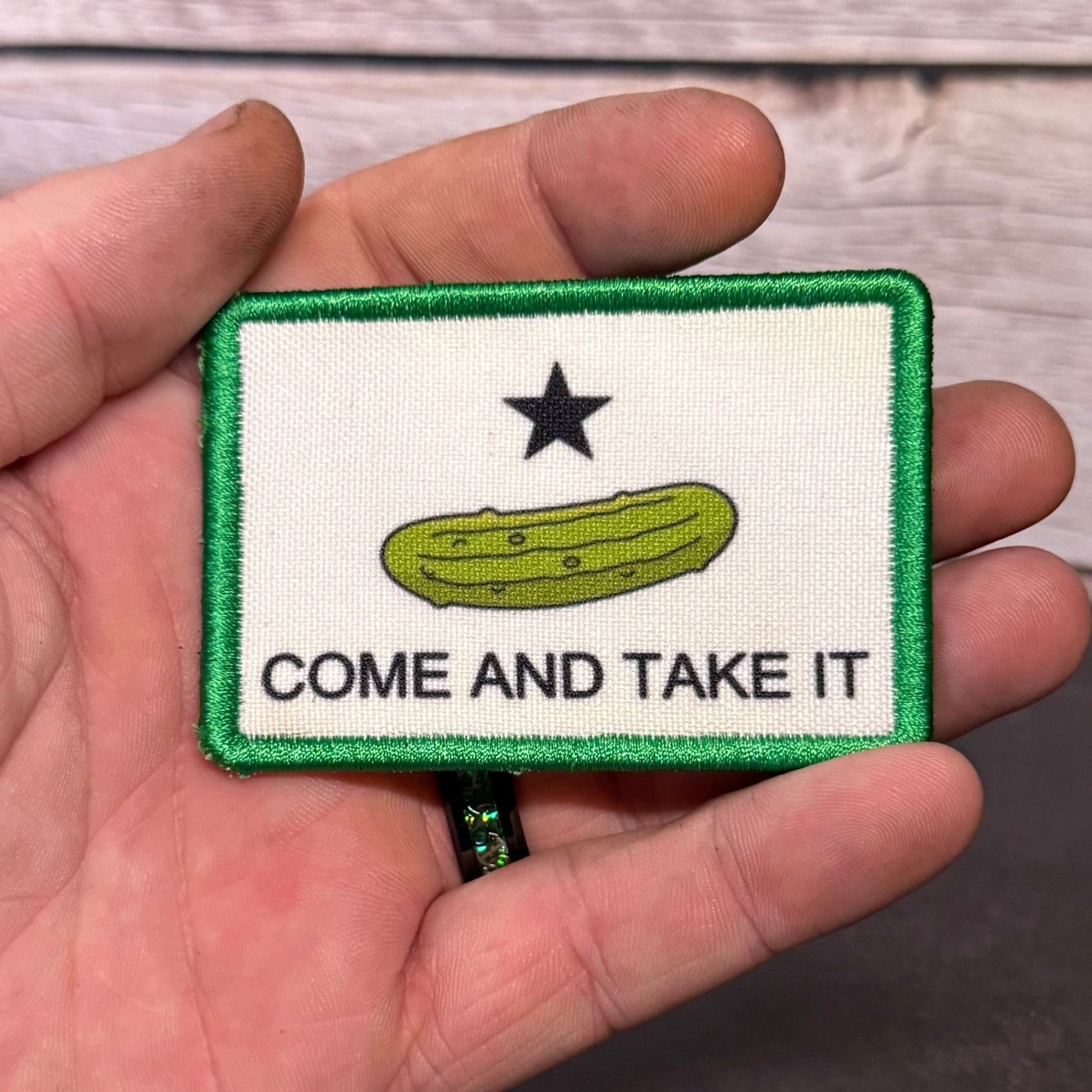 Come and Take It Pickle Funny Texas Style Morale Patch | Made in USA | VELCRO® Brand Hook Backing - LoneStar Adhesive