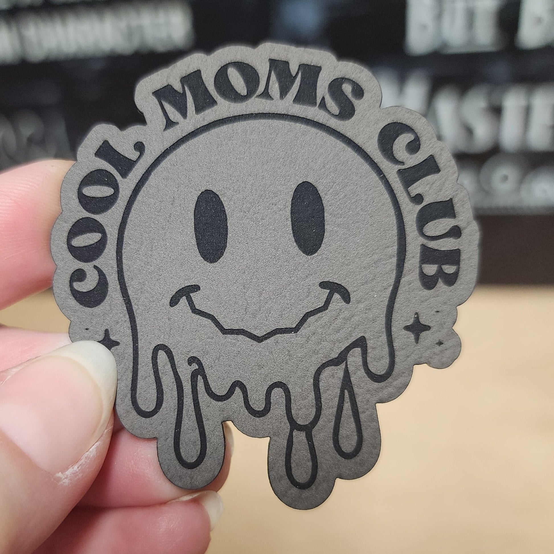 Cool Moms Club (Grey) Engraved Leatherette Hat Patch - MR01 - LoneStar Adhesive