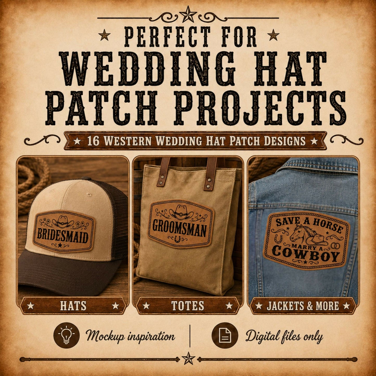 Country Wedding Hat Patch SVG Bundle, 16 Western Wedding Patch Designs, Bride Groom Bridal Party Laser Engraving Files - LoneStar Adhesive