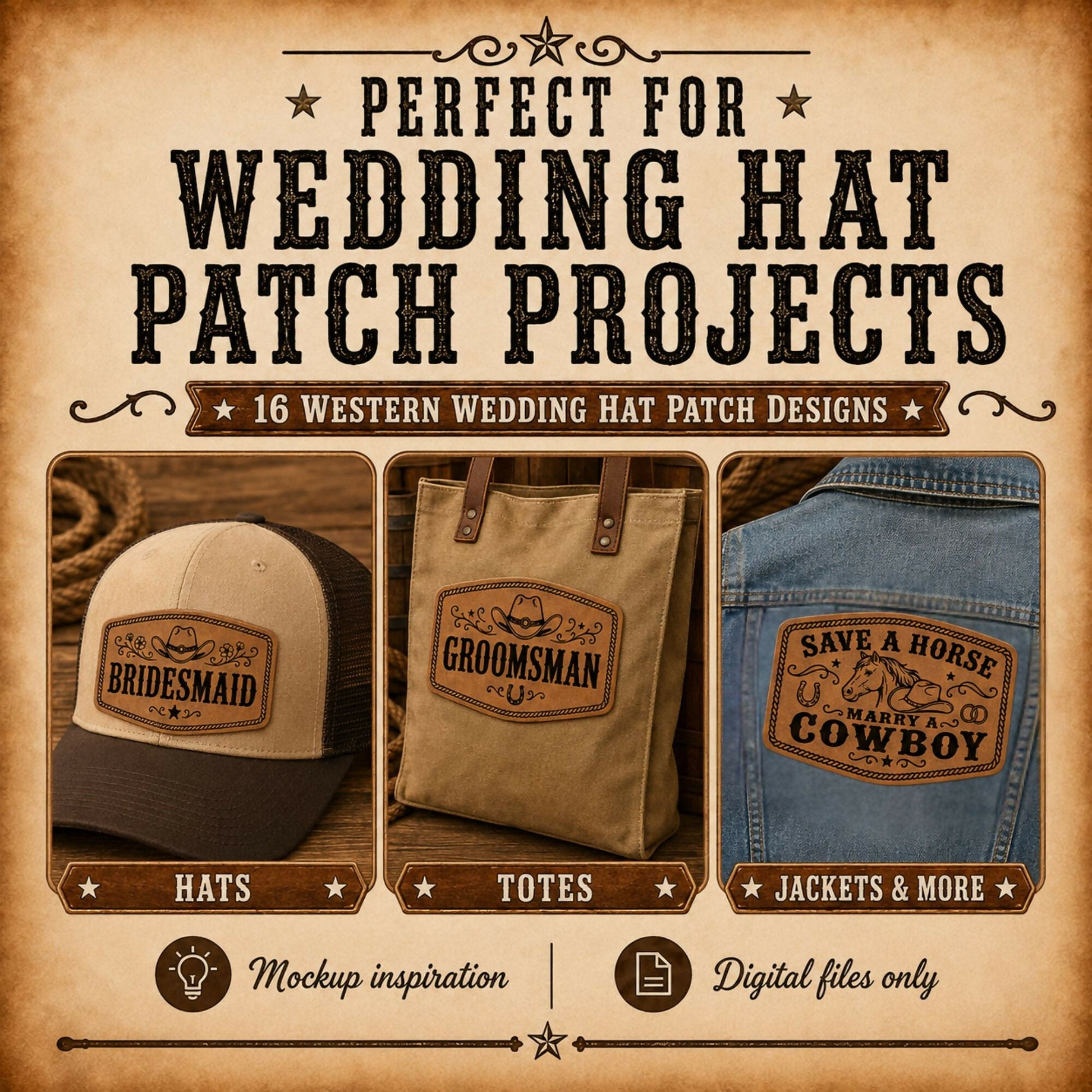 Country Wedding Hat Patch SVG Bundle, 16 Western Wedding Patch Designs, Bride Groom Bridal Party Laser Engraving Files - LoneStar Adhesive