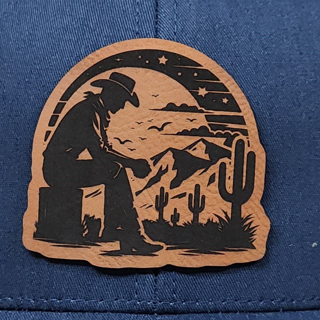 Cowboy Landscape Engraved Leatherette Hat Patch - MR01 - LoneStar Adhesive