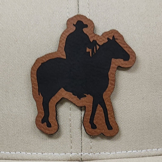 Cowboy on Horseback Engraved Leatherette Hat Patch - MR01 - LoneStar Adhesive