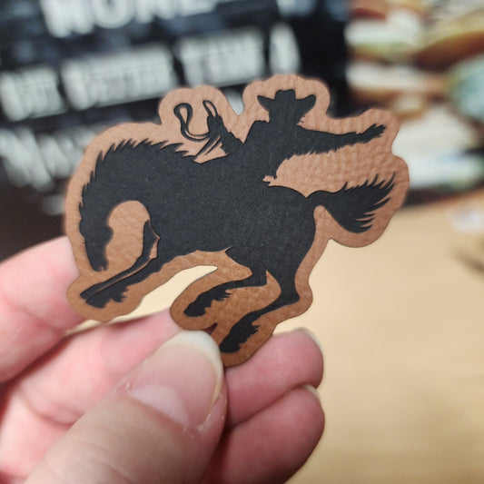 Cowboy Riding Bronco (Rawhide) Engraved Leatherette Hat Patch - MR01 - LoneStar Adhesive
